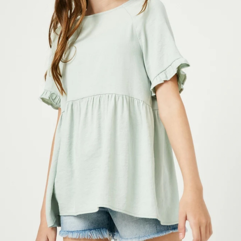 Hayden LA Ruffle Sleeve Button Back Peplum Top Sage Green #1926